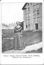 SA1610 - Photo of an unidentified Shaker sister, possibly a member of the Church Family, in the front of a stone building. Identified on the front., Winterthur Shaker Photograph and Post Card Collection 1851 to 1921c